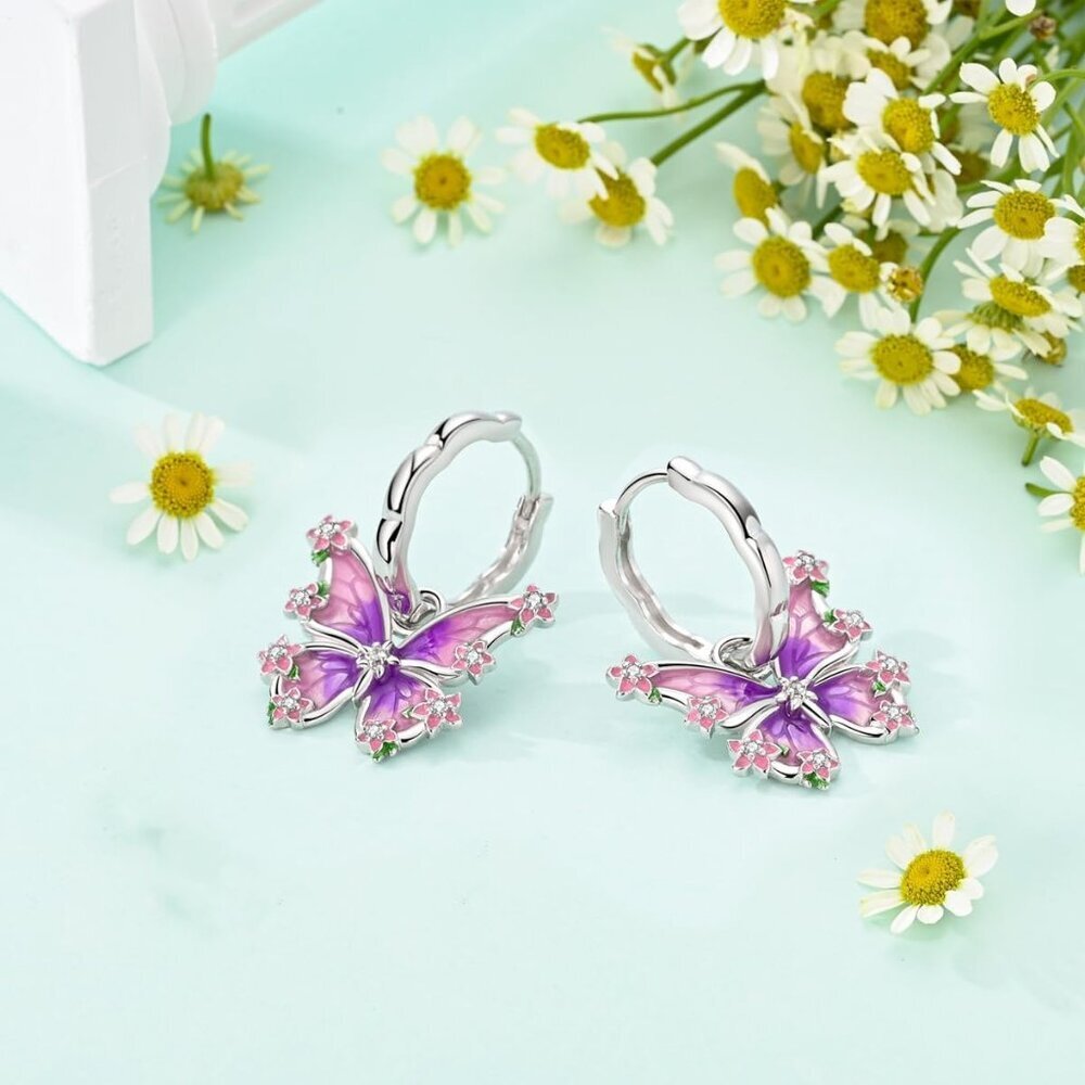 Lightweight Sterling Silver Butterfly Hoop Earrings with Cubic Zirconia Accents - Picture 3 of 7
